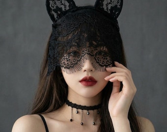 Black Lace Cat Masquerade Mask, Gothic Eye Mask for Halloween or Costume Party
