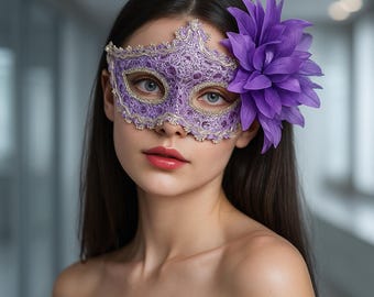 Lace Masquerade Mask – Handmade Rhinestone Flower Venetian Costume Accessory
