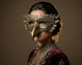 Gold Crow Masquerade Mask, Bird Eye Mask for Cosplay, Halloween or Plague Doctor Costume