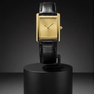 Rektangulär vintageklocka i tankstil för män och kvinnor - Art Deco-urtavla "Sunray" - Äkta läderarmband - Kvartsurverk