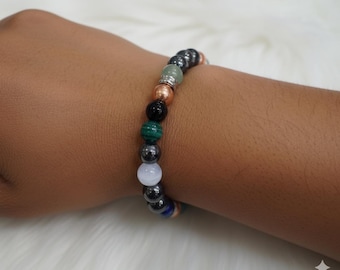Pulsera de apoyo para el reumatismo y la artritis – Joyería curativa con hematita magnética, fluorita y malaquita – Pulsera de cristal para aliviar el dolor