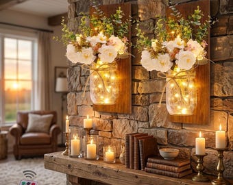 Farmhouse Mason Jar Sconces - Rustic Wooden Wall Décor Hanging Fairy Lights Hydrangea Room Lamps