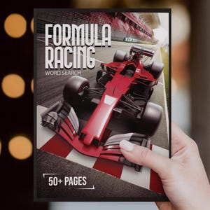 May include: A Formula Racing word search book with a red race car on the cover. The book has the text "Formula Racing" and "Word Search" in white, with "50+ Pages" at the bottom.
