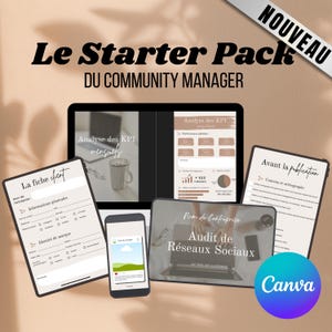 May include: A digital marketing starter pack for community managers. The image features a tablet, phone, and laptop displaying social media analytics, client forms, and content planning documents. The word "NOUVEAU" is in the top right corner.