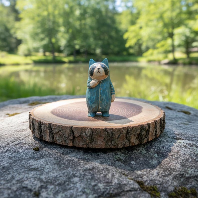 May include: A hand-carved wooden raccoon figurine wearing a blue jumpsuit. The raccoon has a black and white face and is standing on a wooden slice. The background features a lake and trees.