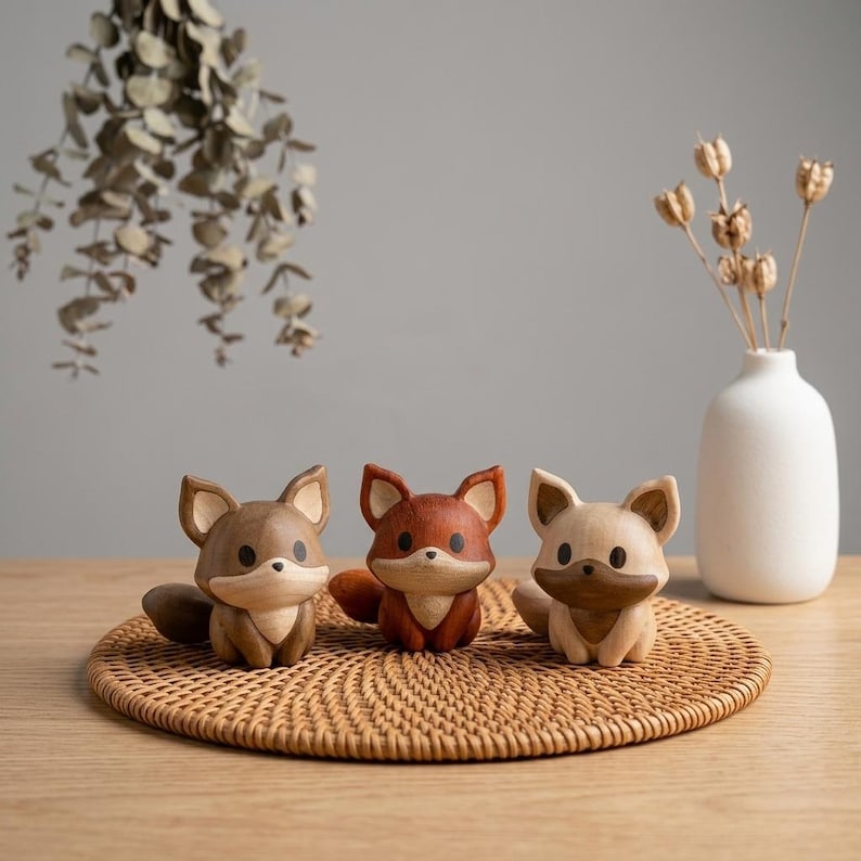 K&ouml;nnte beinhalten: Drei kleine geschnitzte Holzfiguren in Form von F&uuml;chsen, die in einer Reihe angeordnet sind. Der linke Fuchs ist mittelbraun, der mittlere rotbraun und der rechte hellbeige mit einem dunkelbraunen Gesichtsfleck. Jeder Fuchs hat schwarze Augen.