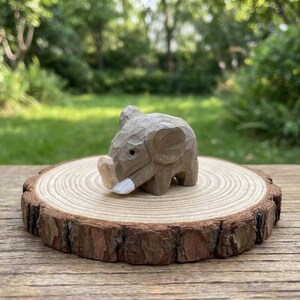 K&ouml;nnte beinhalten: Eine kleine, handgeschnitzte Holz-Elefantenfigur mit hellbraunem Finish. Der Elefant hat detaillierte geschnitzte Merkmale und einen wei&szlig;en Sto&szlig;zahn. Er sitzt auf einer runden, nat&uuml;rlichen Holzscheibe mit sichtbaren Jahresringen.