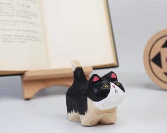 Hand-Carved Wooden Cat, Tuxedo Cat Figurine, Stocking Stuffer, Gift for Cat Lover, Cat Mom Gift, Faceted Wood Carving, Desk Decor