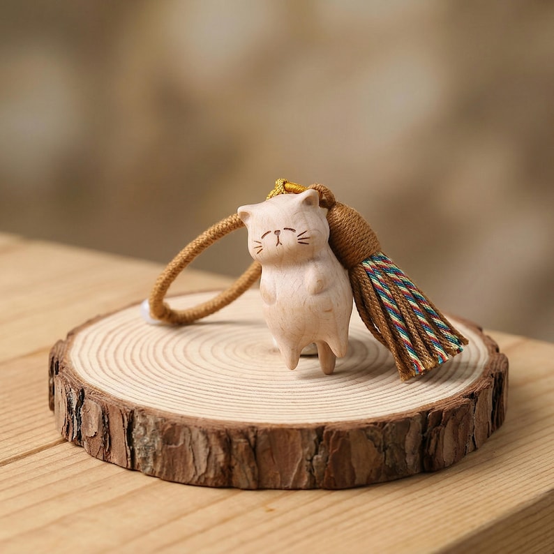 Op de afbeelding: Een houten kattenbeeldje met een kwast, staand op een kleine houten schijf. De kat is licht van kleur met eenvoudige gezichtskenmerken. De kwast is bruin, groen en goud. De houten schijf heeft een natuurlijke, rustieke rand.