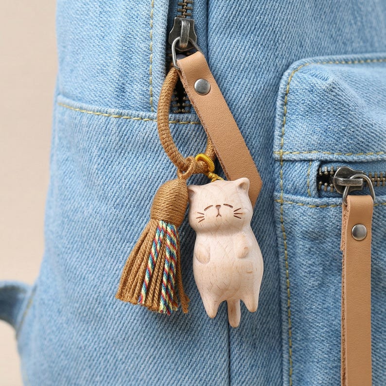 Op de afbeelding: Een lichtgekleurde houten kattenhanger met een kwast en leren riem, bevestigd aan een blauwe denim rugzak. De kattenhanger heeft ge&euml;tste gezichtskenmerken en een kleine staart. De kwast is bruin met kleurrijke draden.