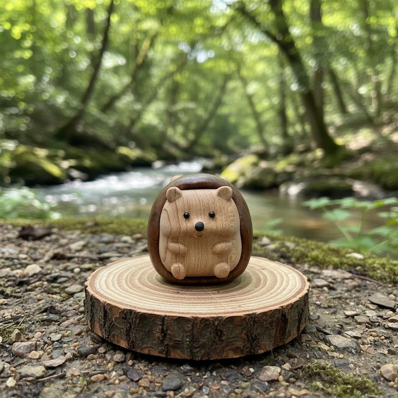May include: A wooden hedgehog figurine with a light brown body and dark brown quills. The hedgehog is sitting on a small, round wooden slice with visible growth rings. The background features a blurred forest scene with a stream.