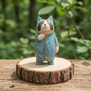 May include: A hand-carved wooden figurine of a raccoon wearing a blue jumpsuit. The raccoon has a black and white face and is standing on a small, round wooden base. The figurine is set against a blurred green background.