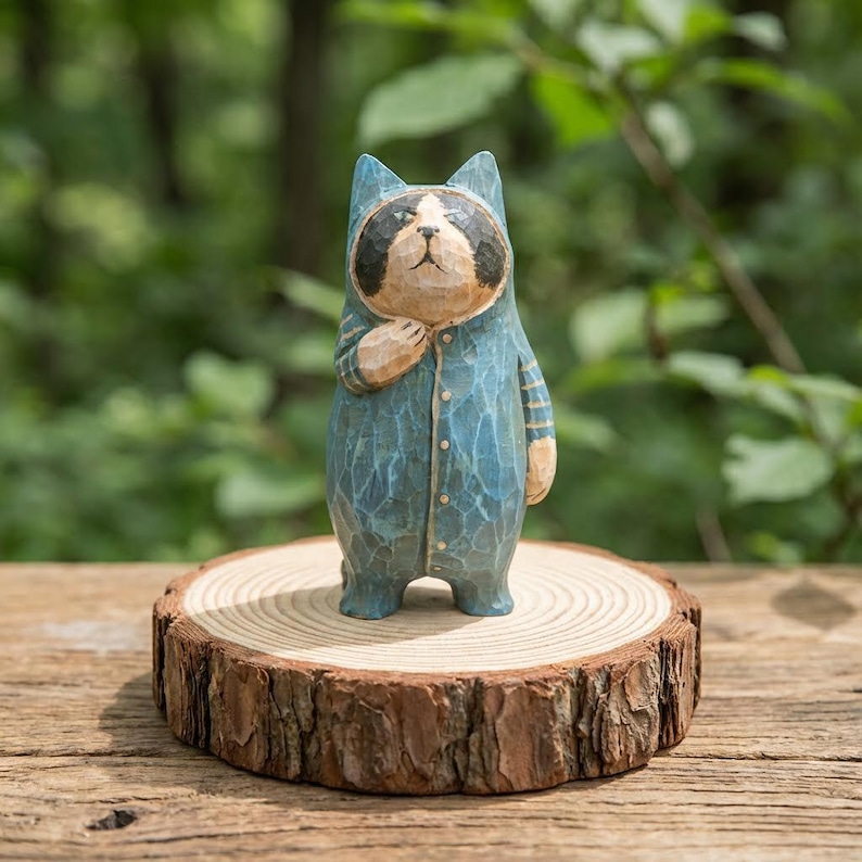 May include: A hand-carved wooden figurine of a raccoon wearing a blue jumpsuit. The raccoon has a black and white face and is standing on a small, round wooden base. The figurine is set against a blurred green background.