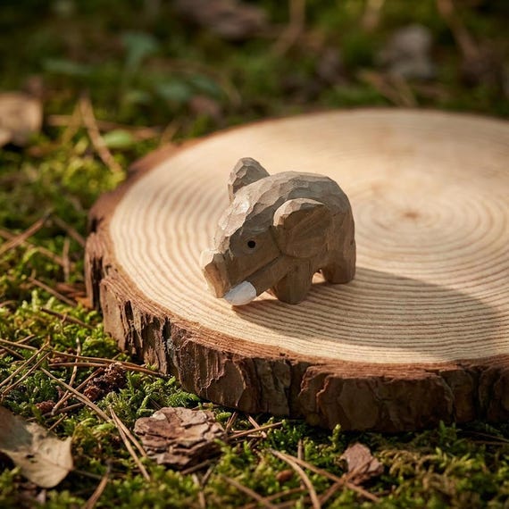 Hand Carved Wood Elephant Sculpture, Rustic Animal Figurine