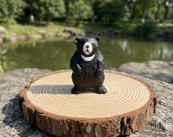 Hand Carved Black Bear Figurine, Rustic Woodland Decor