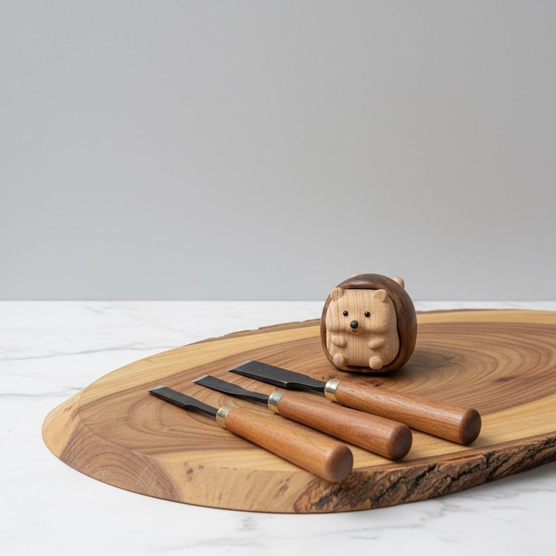 May include: A wooden carving set with a hedgehog figurine and three wood carving tools with metal blades and wooden handles. The tools are arranged on a large, oval wooden cutting board.