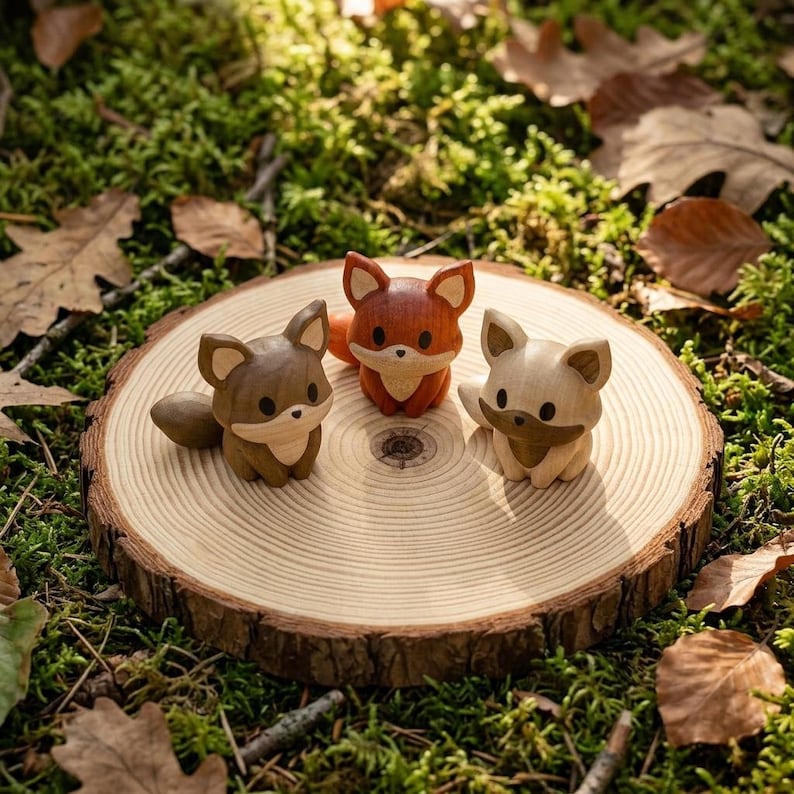 K&ouml;nnte beinhalten: Drei kleine Holzfiguren in Fuchsform auf einer runden Holzscheibe. Der mittlere Fuchs ist rotbraun, der linke dunkelbraun und der rechte hellbeige. Jede Figur hat spitze Ohren, eine kleine Schnauze und eine glatte Oberfl&auml;che aus Holz.