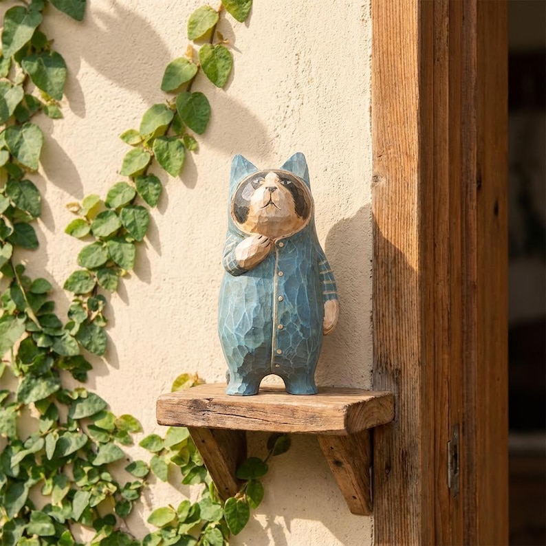 May include: A carved wooden figurine of a raccoon wearing a blue jumpsuit, standing on a small wooden shelf. The raccoon has a black and tan face and is holding its hand near its neck. The figurine is set against a beige wall with green vines.