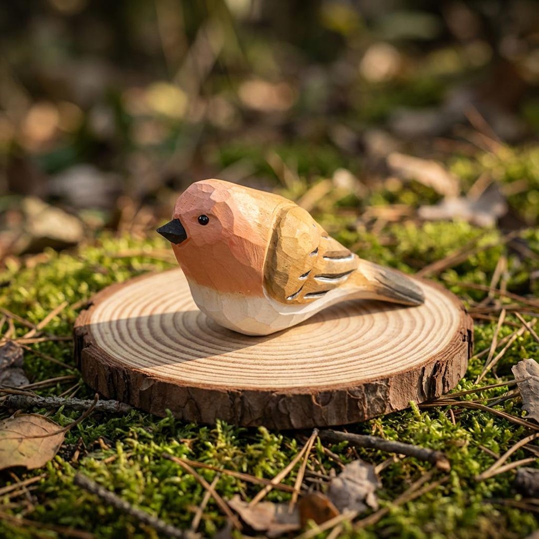 Charming Wooden Robin Statue, Handcrafted Forest Bird Carving ...