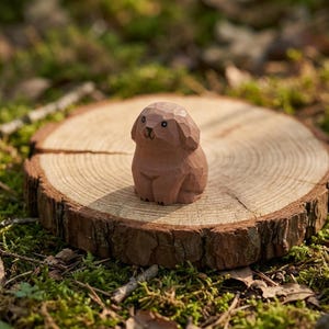 Può includere: Una statuetta di cane in legno marrone intagliato con una superficie strutturata. Il cane è seduto su un ceppo d'albero rotondo di legno con anelli di crescita visibili. Lo sfondo presenta muschio e fogliame verdi.