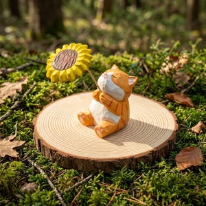 May include: A hand-carved wooden figurine of an orange and white tabby cat sitting upright with its eyes closed. The cat holds a bright yellow sunflower with a brown centre on a thin stem. The figurine is placed on a round, light-coloured wood slice.