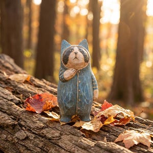 May include: A hand-carved wooden raccoon figurine wearing a blue jumpsuit with a hood. The raccoon is standing on a log surrounded by autumn leaves. The figurine has a detailed, rustic appearance.