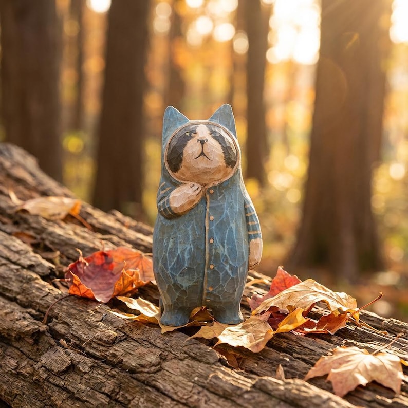 May include: A hand-carved wooden raccoon figurine wearing a blue jumpsuit with a hood. The raccoon is standing on a log surrounded by autumn leaves. The figurine has a detailed, rustic appearance.