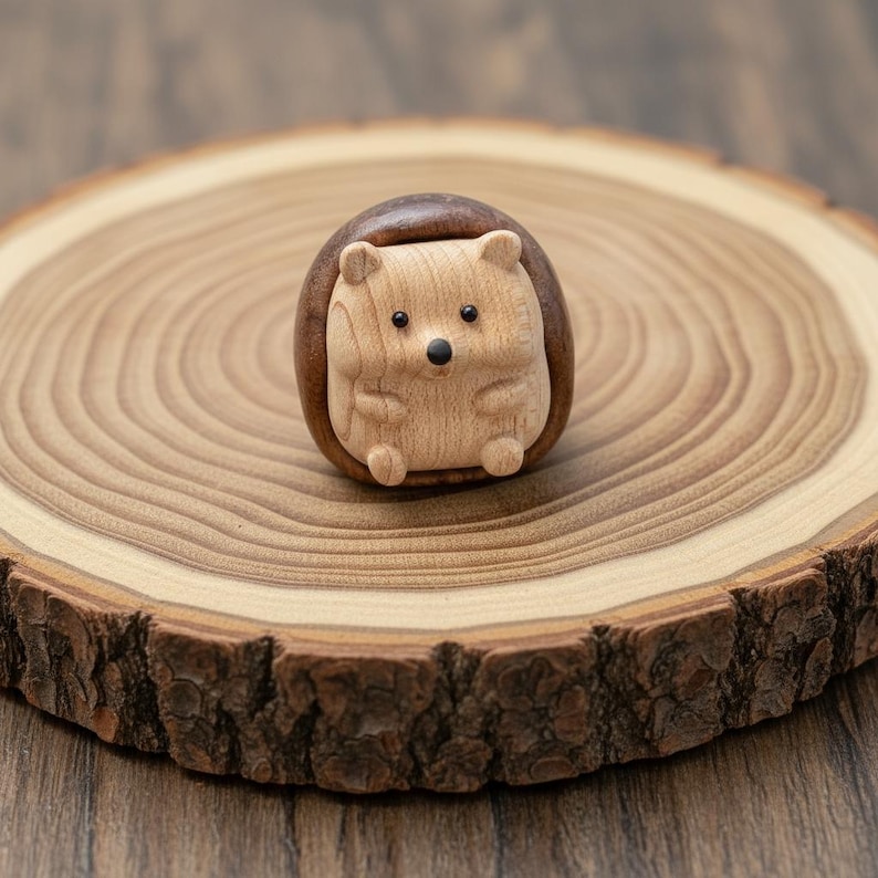 May include: A handcrafted wooden hedgehog figurine with a light brown body and a dark brown back. The hedgehog has small black eyes and a black nose. The figurine is set on a round wooden slice with visible growth rings.