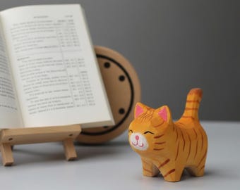 Faceted Wood Cat Sculpture | Happy Orange Tabby Cat, Ginger Cat | Bookshelf Sitter, Office Desk Pet | Unique Cat Lover Gift, Pet Memorial
