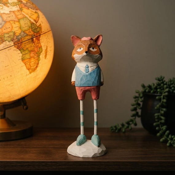 Funny Fox Gift, Hand Carved Wood Fox Figurine, Vintage Suit Fox, Father's Day, Graduation Gift, Desk Decor
