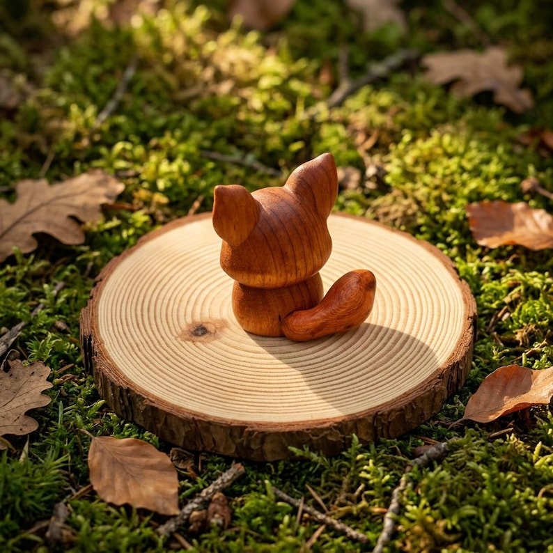 K&ouml;nnte beinhalten: Eine kleine, glatte, rotbraune Holzfigur eines Fuchses mit spitzen Ohren und einem geschwungenen Schwanz, platziert auf einer runden, hellen Holzscheibe mit sichtbaren Jahresringen und einer nat&uuml;rlichen Rindenkante.