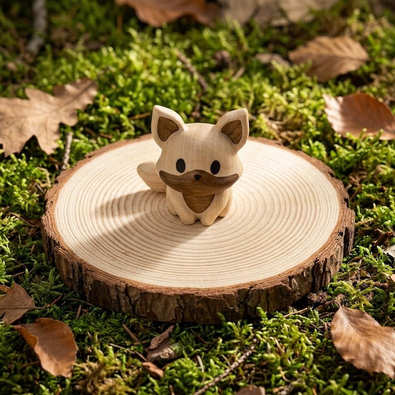 K&ouml;nnte beinhalten: Eine kleine, geschnitzte Holzfigur eines Fuchses mit hellbraunem K&ouml;rper und einem dunkelbraunen Fleck &uuml;ber Gesicht und Ohren. Der Fuchs hat zwei schwarze, runde Augen und eine kleine schwarze Nase und sitzt auf einer hellen Holzscheibe.