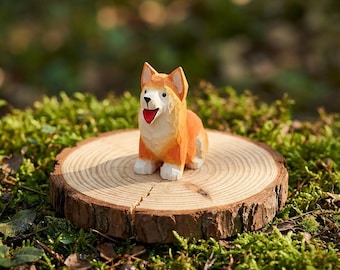 Orange Corgi Wood Carving, Small Animal Statue, Handmade Dog Sculpture, Unique Stocking Stuffer, Rustic Decoration, Gift for Dog Mom
