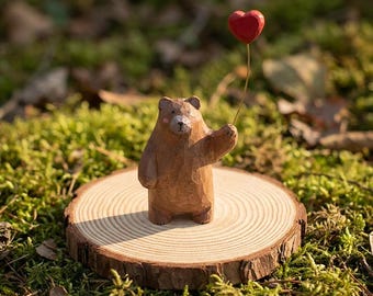 Hand Carved Wooden Bear with Heart Balloon, Rustic Woodland Animal Sculpture, Desk Decor for Her, Cute Stocking Stuffer, Wooden Figurine