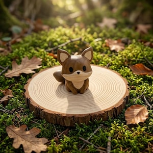 K&ouml;nnte beinhalten: Eine kleine, stilisierte Fuchsfigur aus Holz mit glatter, polierter brauner Oberfl&auml;che, gro&szlig;en schwarzen Augen, spitzen Ohren mit hellen Innendetails und einem cremefarbenen Brustfleck, platziert auf einer runden, hellen Holzscheibe.