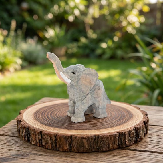 Hand Carved Linden Wood Elephant Figurine, Rustic Animal Sculpture, Natural Wood Tone, Miniature Desk Pet, Gift for Wildlife Lovers