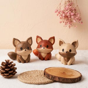 K&ouml;nnte beinhalten: Drei kleine Holzfiguren in Form von F&uuml;chsen in verschiedenen Braun-, Beige- und Rotbraunt&ouml;nen. Jeder Fuchs hat gro&szlig;e spitze Ohren, eine dunkle Nase und eine glatte Oberfl&auml;che. Sie sind in einer Reihe angeordnet, begleitet von einem Zapfen.