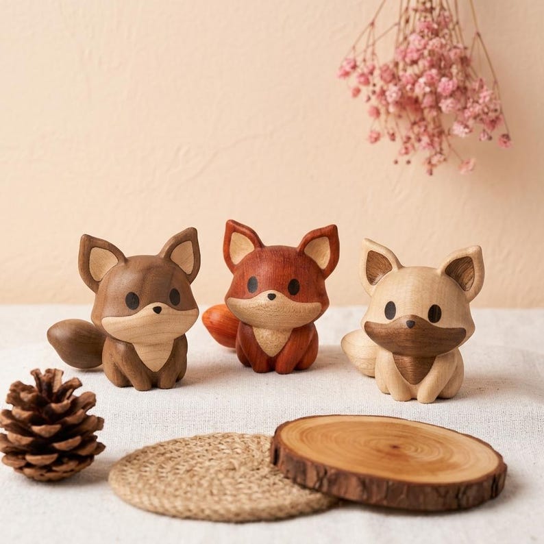 K&ouml;nnte beinhalten: Drei kleine Holzfiguren in Form von F&uuml;chsen in verschiedenen Braun-, Beige- und Rotbraunt&ouml;nen. Jeder Fuchs hat gro&szlig;e spitze Ohren, eine dunkle Nase und eine glatte Oberfl&auml;che. Sie sind in einer Reihe angeordnet, begleitet von einem Zapfen.