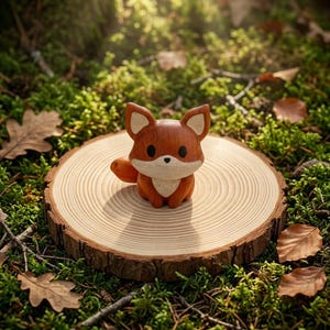 K&ouml;nnte beinhalten: Eine kleine, geschnitzte Holzfigur eines Fuchses mit glatter, rotbrauner Oberfl&auml;che, gro&szlig;en schwarzen Augen, einer spitzen Nase sowie cremefarbenen Details an Brust und Ohren. Der Fuchs sitzt in einer aufrechten Position mit seitlich liegendem Schwanz.
