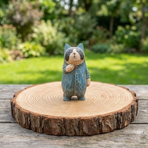 May include: A hand-carved wooden raccoon figurine wearing a blue jumpsuit with gold buttons and striped sleeves. The raccoon stands on a round, natural wood slice with a bark edge, set against a blurred green background.