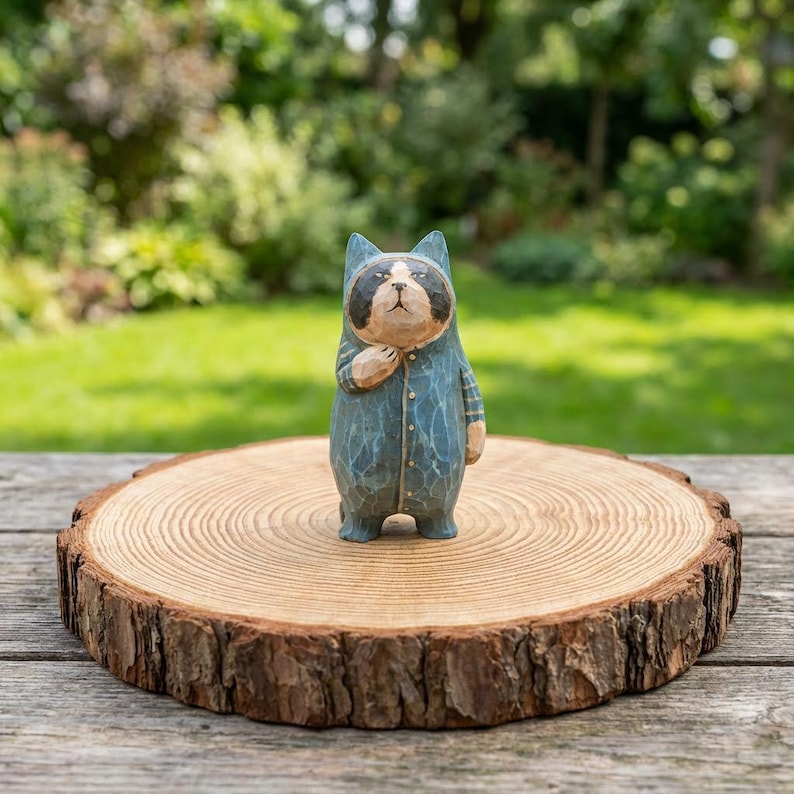 May include: A hand-carved wooden raccoon figurine wearing a blue jumpsuit with gold buttons and striped sleeves. The raccoon stands on a round, natural wood slice with a bark edge, set against a blurred green background.