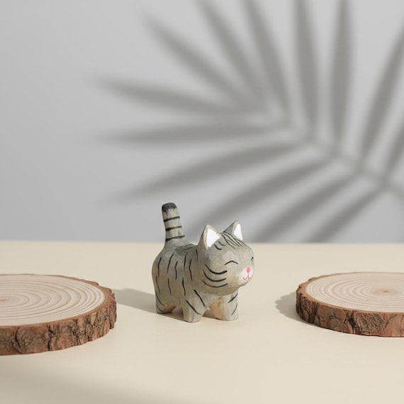 Faceted Wood Cat Sculpture | Happy Gray Tabby Cat | Bookshelf Sitter, Office Desk Pet | Unique Cat Lover Gift, Pet Memorial, Cat Decor