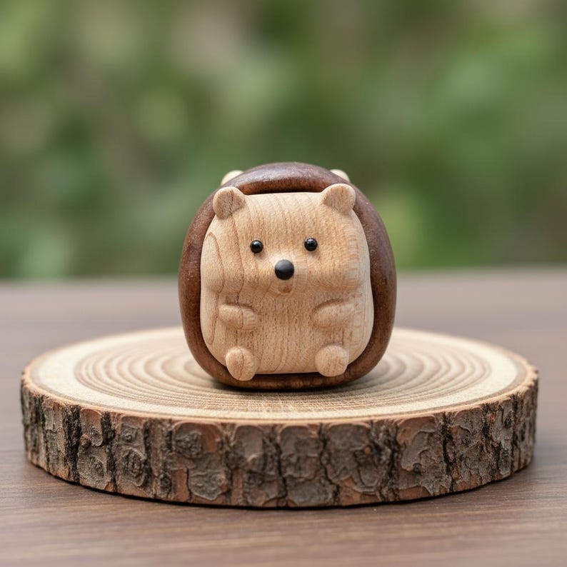 May include: A wooden hedgehog figurine with a light brown body and a dark brown back. The hedgehog has a cute, cartoonish design with small black eyes and a black nose. It is sitting on a small, round wooden slice.