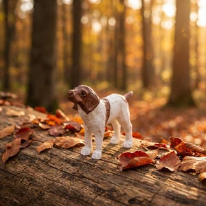 May include: A small, handcrafted dog figurine with a brown and white speckled coat stands on a weathered log. The dog's head and back are brown, while the rest of its body is white. The background features a blurred forest with autumn leaves.