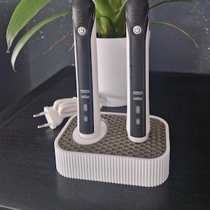 Peut inclure: Deux brosses à dents électriques noires et blanches avec des têtes de brosse bleues et blanches sont présentées dans une base de chargement blanche. Un plante verte dans un pot blanc est derrière. La base est sur une surface sombre.