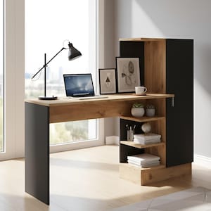 Kompakter Schreibtisch mit Bücherregal und Aufbewahrungsregalen | Moderner Home-Office-Tisch mit Integriertem Bücherregal | Platzsparende Arbeitsstation für das Studium