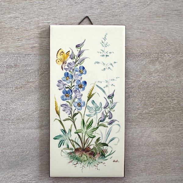 Vintage Hand-Painted Floral Ceramic Tile Wall Hanging – Blue Wildflowers & Butterfly – English Botanical Cottage Decor
