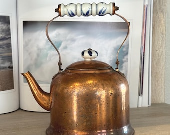 Vintage Copper Tea Kettle with Blue and White Porcelain Handle – Ralph Lauren, English Country, Kitchen Decor