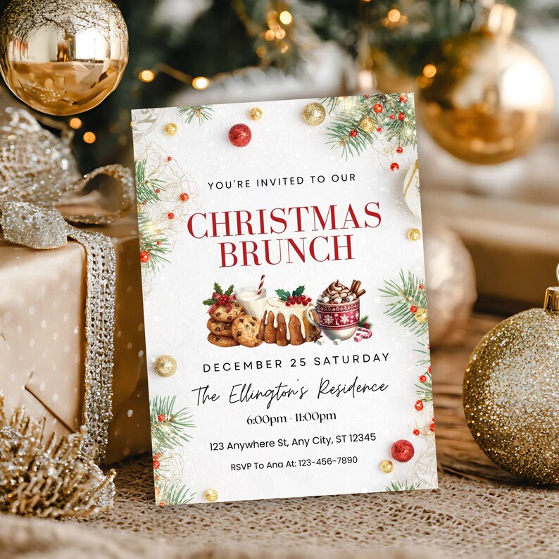 Christmas Brunch Invitation Template, Editable Holiday Brunch Invite