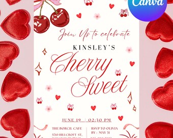 Pink Cherry Birthday Invitation | Girl Party, Canva Template (Digital Download)